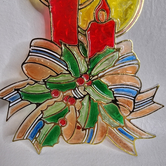 Vintage Suncatcher Christmas Candles and Holly Plastic Stained Glass Ornament - Picture 8 of 13